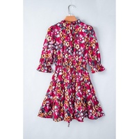 Rose Red Floral Print Tiered Ruffled Half Sleeve V Neck Dress - L thumbnail