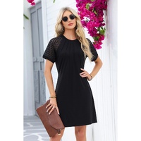 Black Contrast Lace Raglan Sleeve Pleated Detail Shift Dress - XL thumbnail