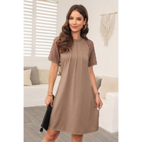 Light French Beige Contrast Lace Raglan Sleeve Pleated Detail Shift Dress - L thumbnail
