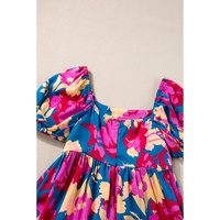 Dark Blue Square Neck Bubble Sleeve Ruffled Floral Dress - S thumbnail
