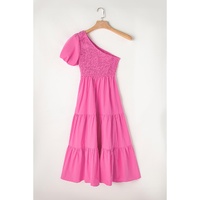 Strawberry Pink Asymmetric Puff Sleeve Smocked Bodice Tiered Midi Dress - XL thumbnail