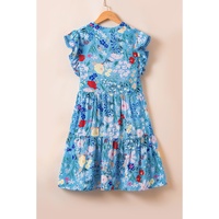 Sky Blue Floral Flutter Sleeve V Neck Ruffled Dress - L thumbnail