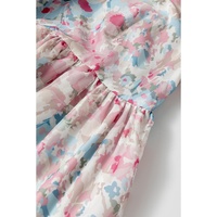 Pink Floral Puff Sleeve Square Neck Smock Ruffled Dress - L thumbnail