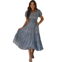 Blue Printed V Neck Shirred Short Puff Sleeve Maxi Dress - S thumbnail