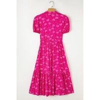 Rose Red Floral Print Pleated Drawstring Flowy Midi Dress - M thumbnail