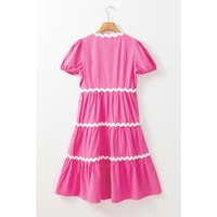 Bonbon Ric Rac Trim Short Puff Sleeve Flowy Midi Dress - L thumbnail