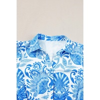 Sky Blue Retro Floral Print Drawstring Waist Ruffled Mini Dress - L thumbnail