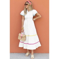 White Colorblock Rickrack Trim Short Sleeve Drawstring Waist Long Dress - S thumbnail