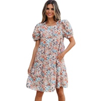 Apricot Bohemian Floral Print Short Puff Sleeve Mini Dress - L thumbnail