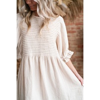 White Textured Ruffled Puff Sleeve Loose Dress - S thumbnail
