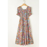 Yellow Smocked Bodice High Waist Puff Sleeve Floral Dress - L thumbnail