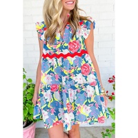 Sky Blue Floral Printed V Notched Ric Rac Flutter Sleeve Dress - M thumbnail
