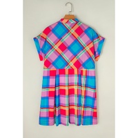 Light Blue Multicolor Plaid Short Sleeve Babydoll Mini Dress - L thumbnail