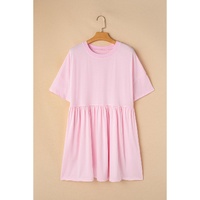 Light Pink Solid Color Pocketed Raw Edge Babydoll Dress - L thumbnail