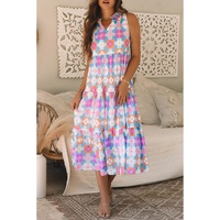 Sky Blue Floral Print Frilly Neck Sleeveless Tiered Maxi Dress - L thumbnail