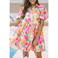 Pink Floral Puff Sleeve Collar Buttoned Babydoll Dress - L thumbnail