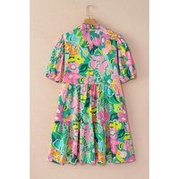 Green Floral Puff Sleeve Collar Buttoned Babydoll Dress - S thumbnail