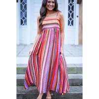 Multicolour Striped Thin Straps Smocked Back Boho Maxi Dress - L thumbnail