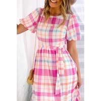 Pink Checkered Puff Sleeve Belted Midi Dress - M thumbnail