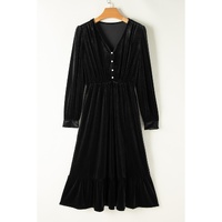 Black Velvet Buttoned Puff Sleeve V Neck Split Midi Dress - S thumbnail