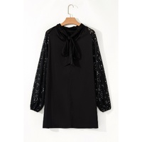 Black Glittering Mesh Sleeve Mock Neck Mini Dress - S thumbnail