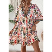 Multicolour Boho Print V Neck Bracelet Sleeve Mini Dress - S thumbnail