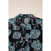 Black Floral Print Lapel Collar Loose Shirt Mini Dress - L thumbnail