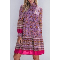 Purple Floral Smocked Puff Sleeve High Neck Mini Dress - S thumbnail