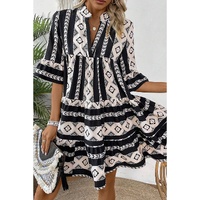 Black Geometric Print V Neck Ruffled Dress - S thumbnail