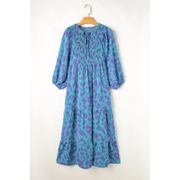 Sky Blue Abstract Print Puff Sleeve Tied Notched Neck Long Dress - M thumbnail