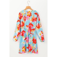 Sky Blue Floral Bracelet Sleeve Empire Waist Mini Dress - L thumbnail