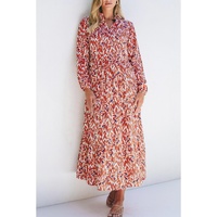 Orange Abstract Print V Neck Pleated High Waist Midi Dress - L thumbnail