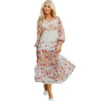 Khaki Floral Print Ruffled Tiered Long Sleeve V Neck Midi Dress - L thumbnail