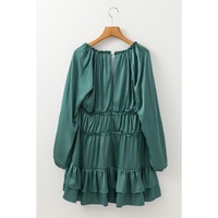 Mist Green Tiered Ruffled Puff Sleeve Loose Fit Mini Dress - L thumbnail