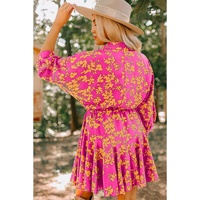 Pink Floral Print Drawstring Tunic Flowy Short Dress - L thumbnail