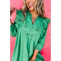 Bright Green Embroidered Ruffled Trim 3/4 Sleeve V Neck Mini Dress - XL thumbnail