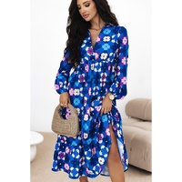 Blue Floral Peasant Sleeve Tiered Ruffle Midi Dress - L thumbnail