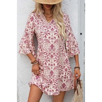 Pink Paisley Print Tiered 3/4 Sleeve Notched Neck Mini Dress - L thumbnail