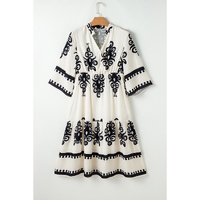 Beige Western Geometric Print 3/4 Sleeve Loose Midi Dress - L thumbnail