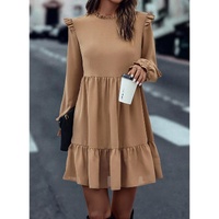 Light French Beige Frilled Collar Ruffled Shoulder Tiered Dress - L thumbnail