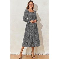 Black Floral Printed Long Sleeve Square Neck Midi Dress - L thumbnail