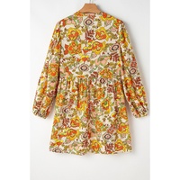Yellow Cream Floral Print V Neck Puff Sleeve Mini Dress - L thumbnail