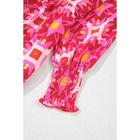 Strawberry Pink Geometric Print Smocked Long Sleeve Mini Dress - M thumbnail