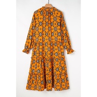 Orange Western Geometric Print Tiered Frilled Loose Fit Midi Dress - L thumbnail