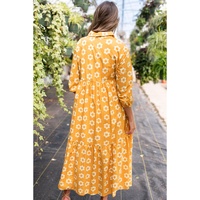 Yellow Flower Print Bracelet Sleeve Buttons Collared Maxi Dress - M thumbnail