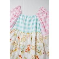 Pink Ric Rac Plaid Floral Print Patchwork Bubble Sleeve Dress - L thumbnail