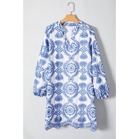 Blue Boho Floral Embroidered Notch V Neck Shift Mini Dress - L thumbnail