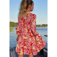 Red Floral Print High Waist V Neck Babydoll Mini Dress - L thumbnail
