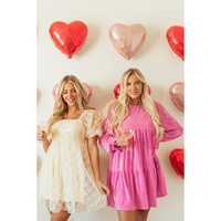 Apricot Sequined Lace Mesh Bubble Sleeve Square Neck Dress - M thumbnail