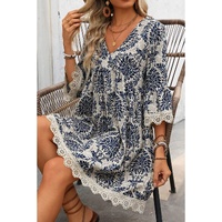 Sky Blue Vintage Printed Lace Trim V Neck 3/4 Sleeve Loose Dress - S thumbnail